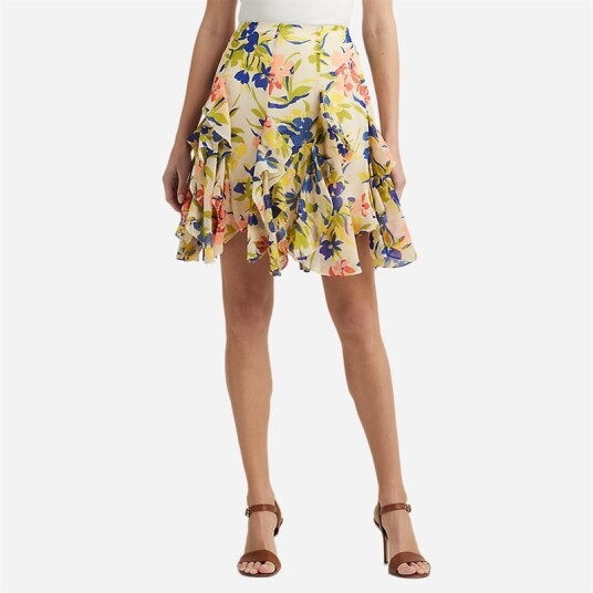 Ralph Lauren Floral Ruffle-Trim Georgette Skirt Cream/blue Multi Beige US 10 Ralph Lauren Floral Ruffle-Trim Georgette Skirt Cream/blue Multi Beige US 10