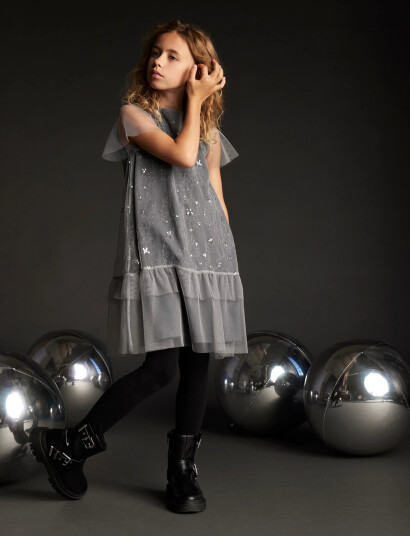 Creamie Dress Sequins Mesh Grey 104