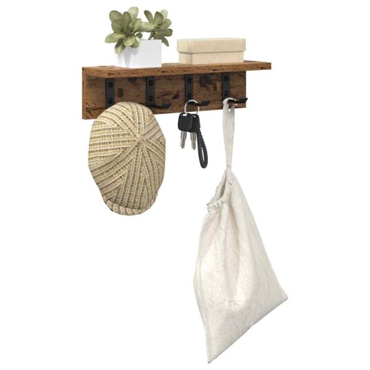  Vegghengt kleshenger med hylle Gammelt tre 40 x 10.5 x 10.5 cm