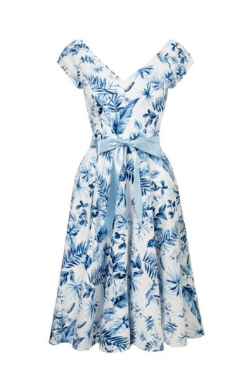 Hell Bunny   Rockabilly Middellang kjole   Amazilia Dress   XS til XXL   Damer   blå hvit
