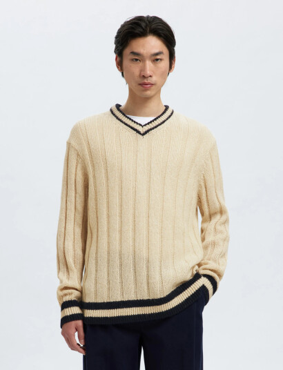 Selected Slhroy Ls Knit Relaxed Rib V-Neck - Cream - M