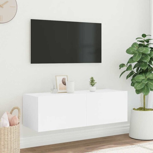 vidaXL Vegghengt TV-benk med LED hvit 100x35x31 cm 8721012258792 vidaXL Vegghengt TV-benk med LED hvit 100x35x31 cm 8721012258792