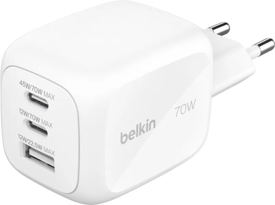 Belkin 70W GaN Vegglader med 3 Utganger og Reiselader Hvit Belkin 70W GaN Vegglader med 3 Utganger og Reiselader Hvit