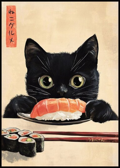 Sushi Lover Cat Japanese Inspired Feline Art Plakat Plakat / 30x40cm