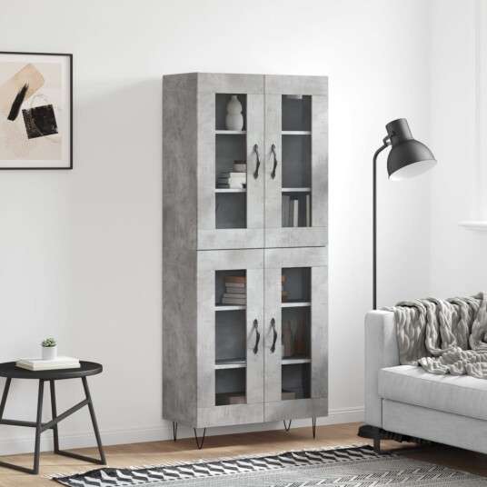 Highboard betonggrå 69,5x34x180 cm konstruert tre
