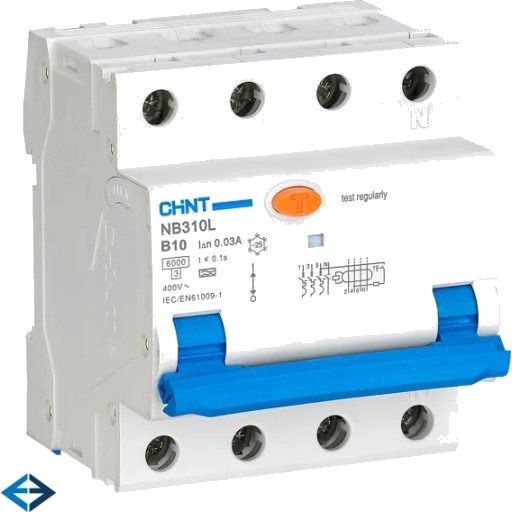 Chint Kombinasjonsbryter RCBO CHINT, 3P+N, B-karakteristikk, 10A, 30mA, 6kA
