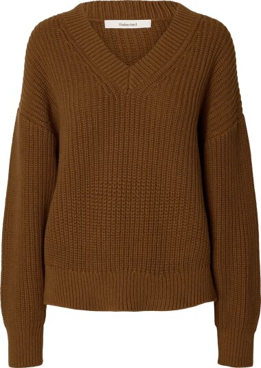 Selected Slwselma Sus Ls Knit V Neck Brown XL