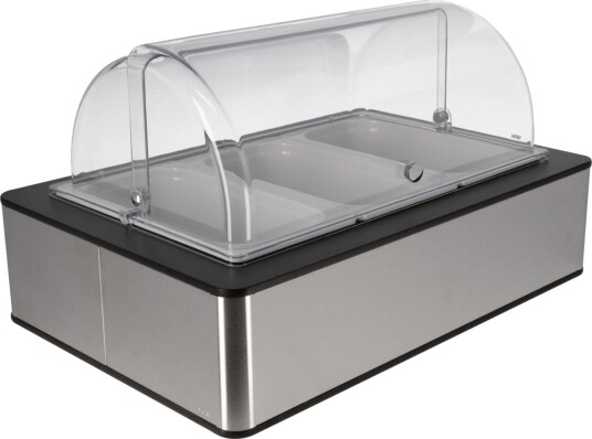 VEGA Buffetdisplay Fundale  høy, 10 cm, 3 x GN 1/3,  melamin hvit, med rolltopp, inkl kjøleelement ; GN 1/1, 63x42.5x33.9 cm (LxBxH); Stålgrå/Antrasitt/Hvit/Transparent; Rektangulær