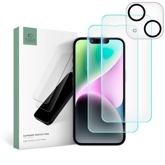 Tech-Protect iPhone 14 Tech-Protect Supreme Beskyttelsessett m. 2 x Skjermbeskyttelse og Kameralinsebeskyttelse - Gjennomsiktig