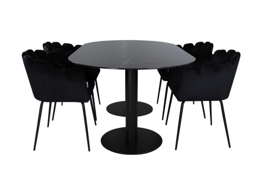 Venture Design Pillan & Limhamn spisegruppe Svart/svart 4 stoler & bord 180 x 100 cm