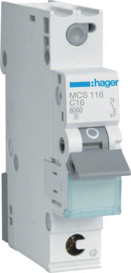 Hager MCS116 Miniatyrbryter 1 polet 6 kA C karakteristikk 16A Stikkontakter & kabler