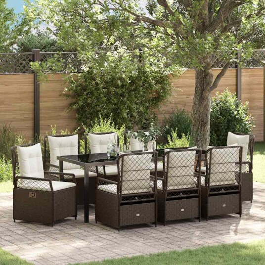 9-delt Hage Spisestue Set Brun Poly Rattan