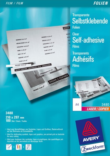 Avery Zweckform 3480 Selv Adhesiv 140 Mikroner Mattransparent A4 210 X 297 Mm 100 Ark Film