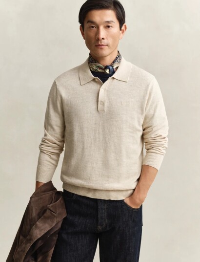 GANT Slub Cotton Linen Polo Beige M