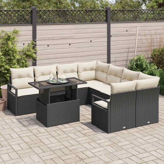 vidaXL Hagesofa Set med pute med lagring 9 pcs Svart Poly rattan