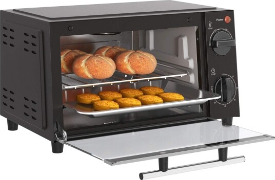 Miniovn 9L miniovn med stekebrett, grillrist, 100 °C-230 °C, med justerbar temperatur og steketid, 60 min timer, 750W, rustfritt