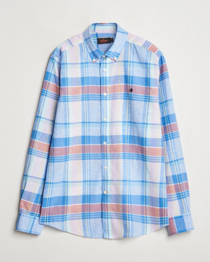 Morris Happy Linen Checked Shirt Blue Morris Happy Linen Checked Shirt Blue