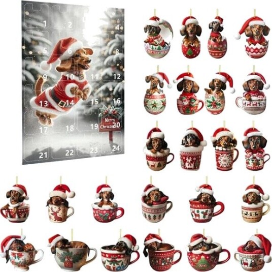 Adventskalender 2026 24 dagers nedtelling til jul Dachs anheng med nisselue 2D juletre