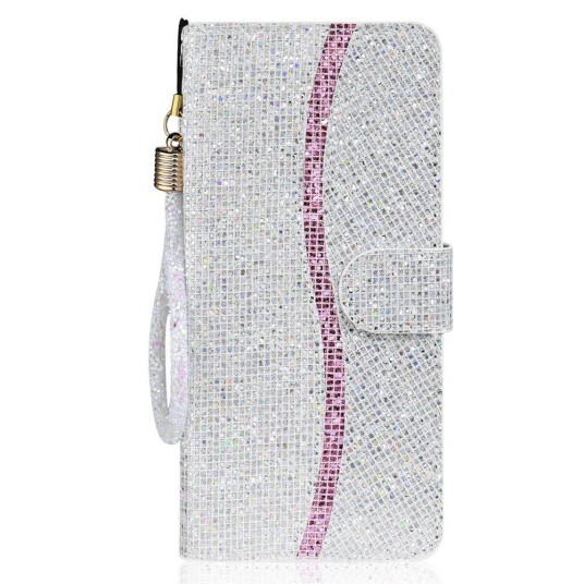 INCOVER Samsung Galaxy A24 Kunstskinn Deksel med Lommebok og Stropp - Glitter Design - Sølv