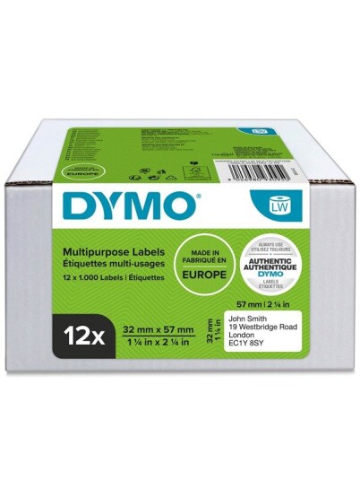 DYMO LW multifunksjonelle etiketter, 32mm x 57mm, 12 ruller med 1000 stk. (12000 stk. i alt), selvklebende, original