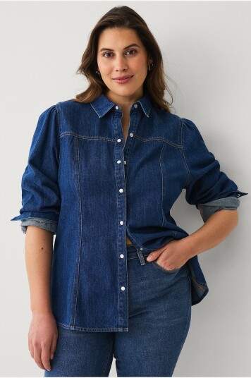 Ellos Plus collection Denimbluse med bobleermer Blå Ellos Plus collection Denimbluse med bobleermer Blå
