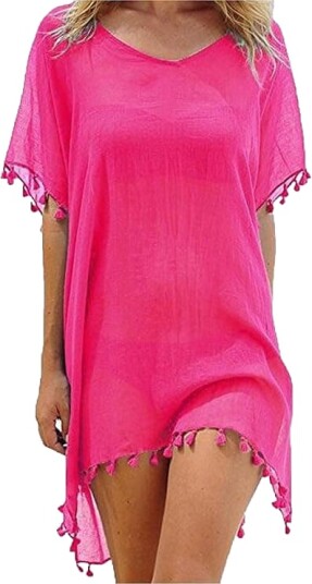 Strandkjole for kvinner sommerkjole bikini cover up sommerbadetøy lang skjorte tunika strandponcho frynsete sexy chiffon strandbluse for kvinner