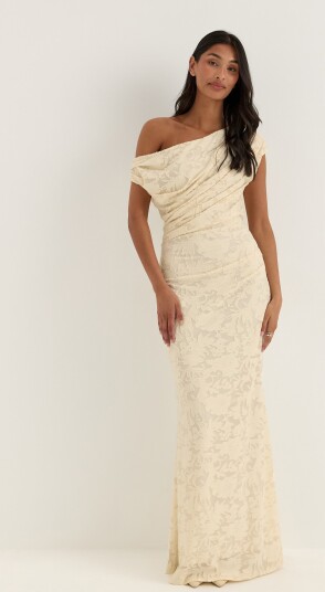 Bubbleroom Occasion Asymmetric Draped Floral Burnout Maxi Dress