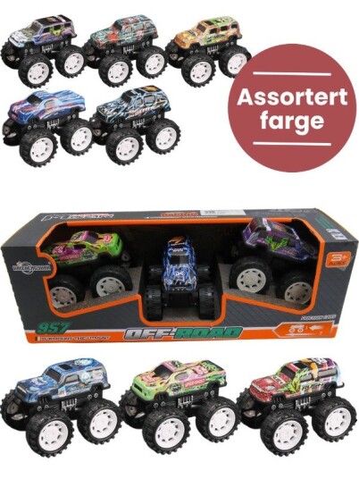 Off-road lekebiler med pullback-funksjon 3 stk assortert