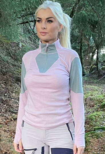 Ullundertøy Mina Ulltrøye med Half Zip til dame i Rosa/Grå S