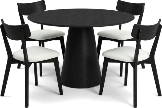 Siena spisegruppe 110 cm rund i svart med 4 Amelia spisestoler med pute Svart/Beige
