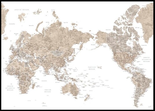 Pacific centered world map in taupe Plakat Plakat / 70x100cm Pacific centered world map in taupe Plakat Plakat / 70x100cm