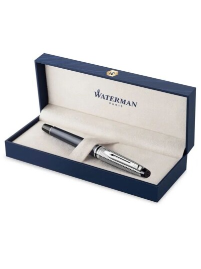 Waterman Expert Deluxe rulleballpenn | Metall- og steingr lakk med palladiumbelagt trim | Fine Point | Gaveeske