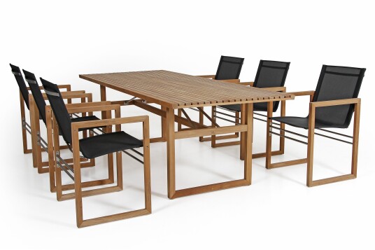 Brafab Vevi spisegruppe Teak/svart 6 lenestoler & bord 230x95 cm