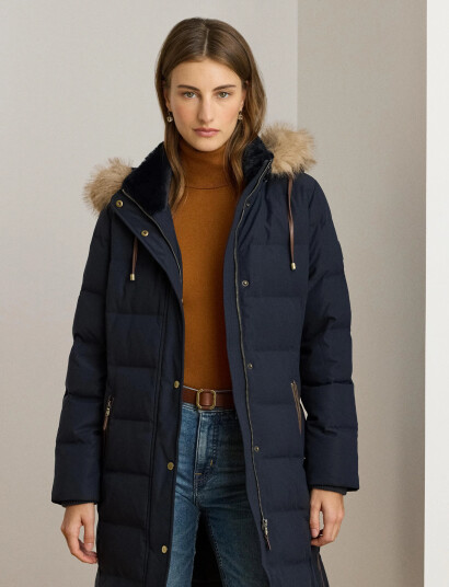 Lauren Ralph Lauren Faux-Fur-Trim Hooded Down Coat - Navy - XS