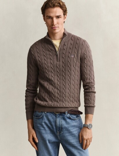 Gant Cable Knit Half Zip Sweater Brown XXXL