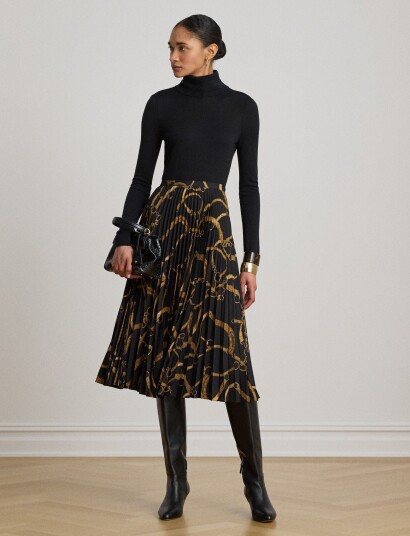 Lauren Ralph Lauren Belting Print Pleated Crepe Skirt   Black   36