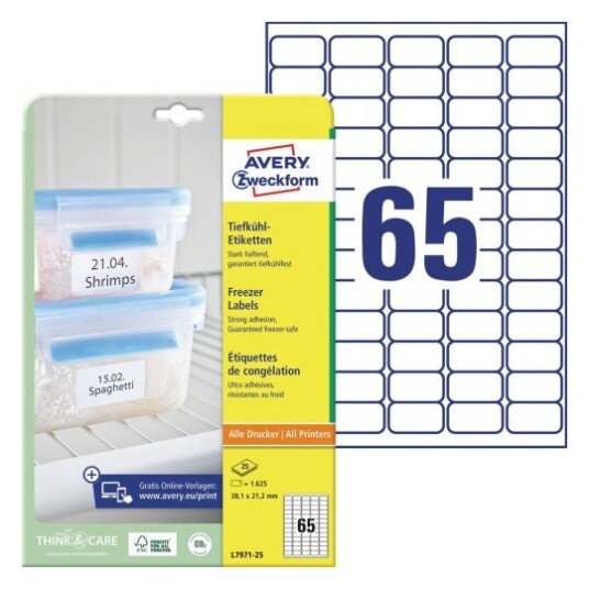 Avery Freezer Labels  Min. påføringstemperatur -20Oc Servicetemperatur fra -50Oc Til +70Oc  hvit 38,1 X 21,2 modell L7971-25