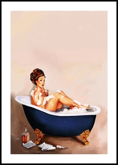 Bathtub Drinks: Pinup Girl Drinking In Bathroom Plakat Plakat / 70x100cm