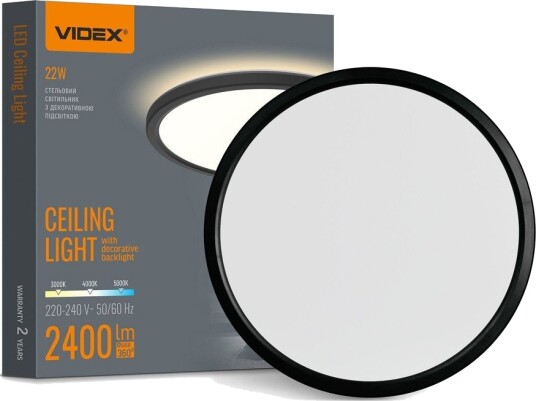 Videx 22W LED tak/vegglampe med baklys   IP54 Sort CCT justerbar Ø29,3cm 2400lm   Kulør : Nøytral