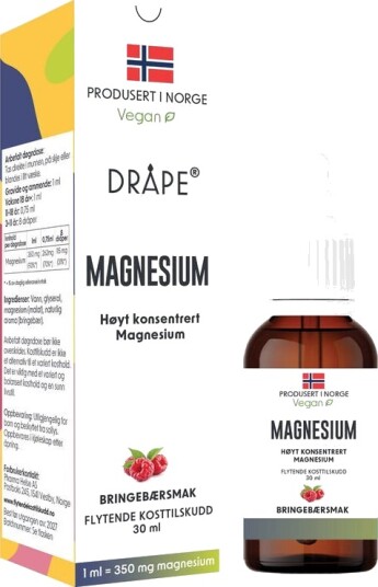 Dråpe Magnesium 350 mg/ml bringebærsmak 30 ml Dråpe Magnesium 350 mg/ml bringebærsmak 30 ml
