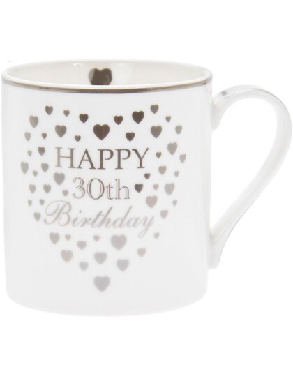 Happy 30th Birthday   Porselenskrus med Sølvfarget Tekst og Hjerter
