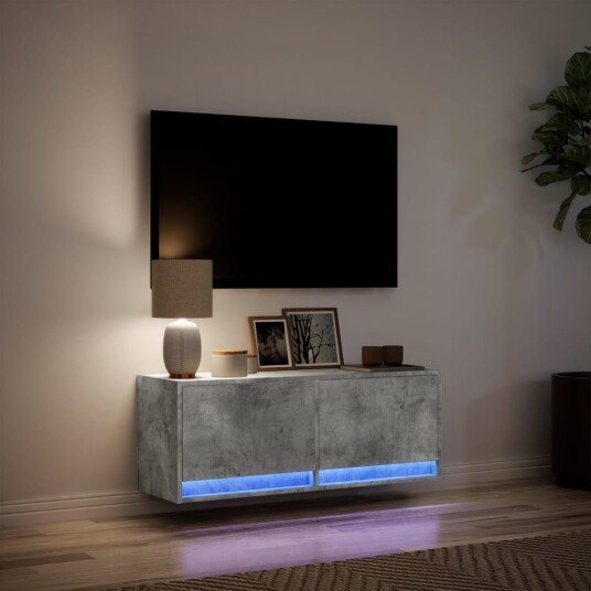 Vegghengt TV-benk med LED-lys betonggrå 100x31x35 cm 852365 Vegghengt TV-benk med LED-lys betonggrå 100x31x35 cm 852365