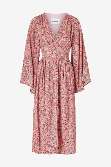 By Malina Kjole Auden V neck Satin Midi Dress Rosa