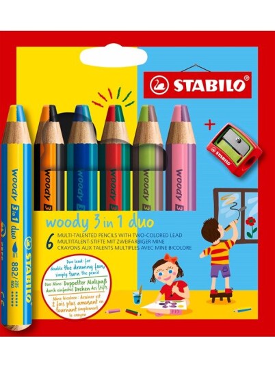 STABILO  woody Arty 3 in 1 cardboard wallet of 6 pens incl. a sharpener MULTI-TALENTED PENCIL WITH TWO-COLORED LEAD.