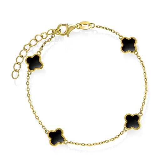 Pan Jewelry Kløver armbånd i 925 forgylt sølv med syntetisk sort agat
