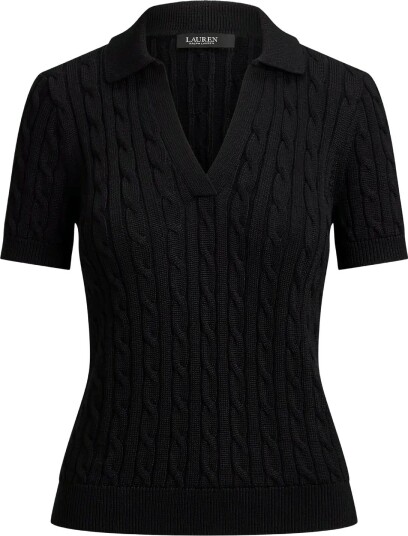 Lauren Ralph Lauren Cable Cotton Blend Short Sleeve Sweater   BLACK   XS