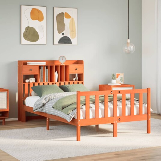 Seng med bokhylle uten madrass voksbrun 120x190 cm heltre furu 8721158605429