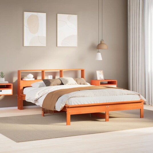  Seng med bokhylle uten madrass voksbrun 120x190 cm heltre furu 8721158397447
