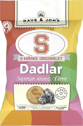 Steinfrie Dadler med S Merke Supersur Ananas og Sitronsmak Dave & Jon's 50 gram