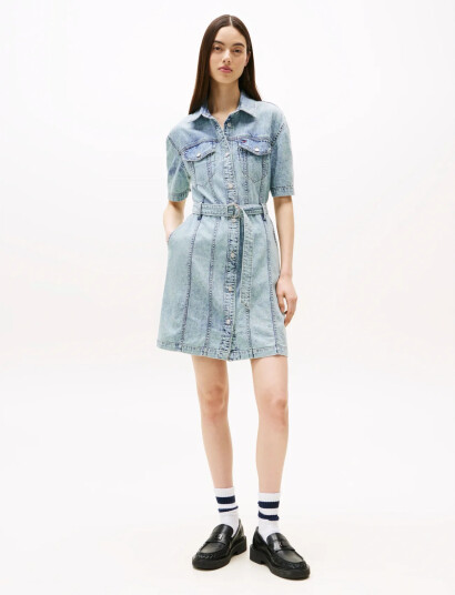 Tommy Jeans Belted Ss Trucker Denim Dress Blue L